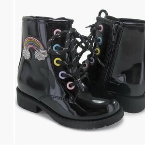 Jellypop Black Patent Rainboot Boots with Rainbow Patch & Pastel Eyelets